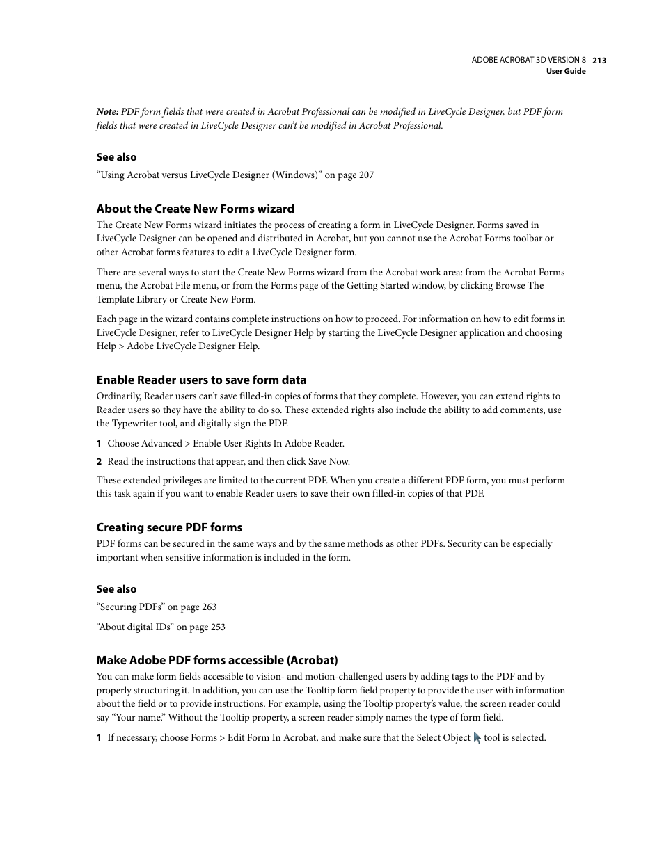 About the create new forms wizard, Enable reader users to save form data, Creating secure pdf forms | Make adobe pdf forms accessible (acrobat) | Adobe Acrobat 8 3D User Manual | Page 220 / 600