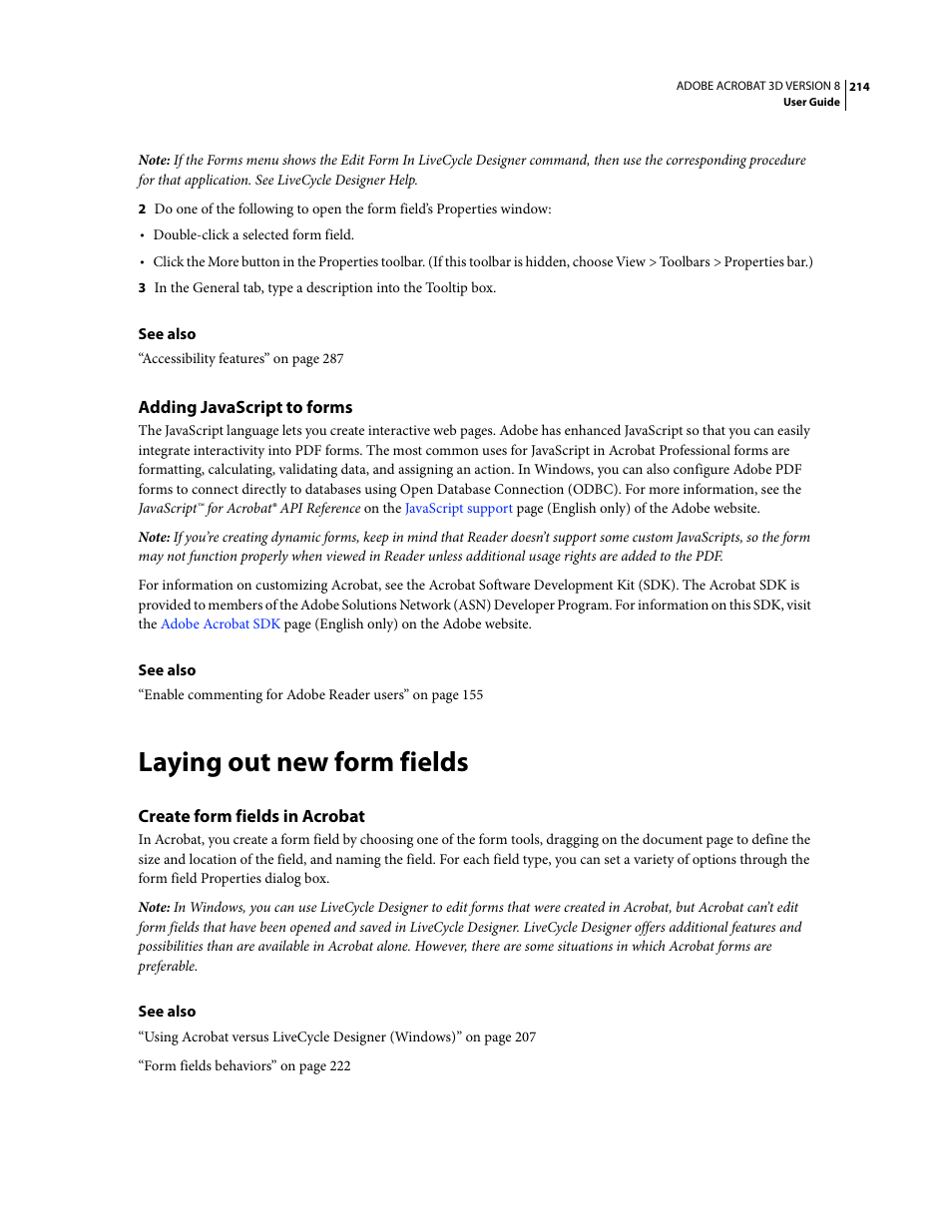 Adding javascript to forms, Laying out new form fields, Create form fields in acrobat | Adobe Acrobat 8 3D User Manual | Page 221 / 600