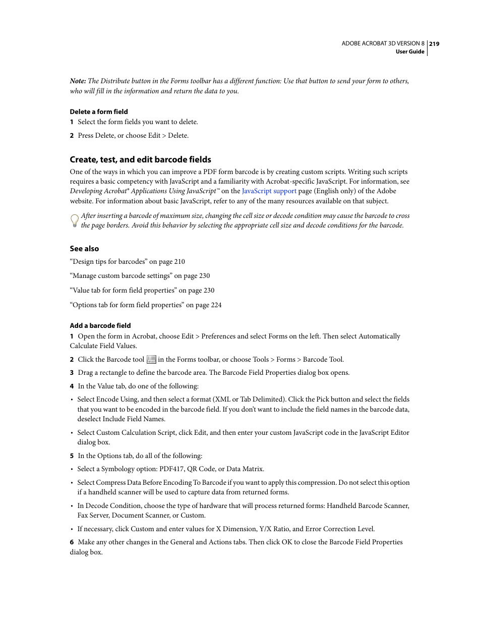 Create, test, and edit barcode fields | Adobe Acrobat 8 3D User Manual | Page 226 / 600