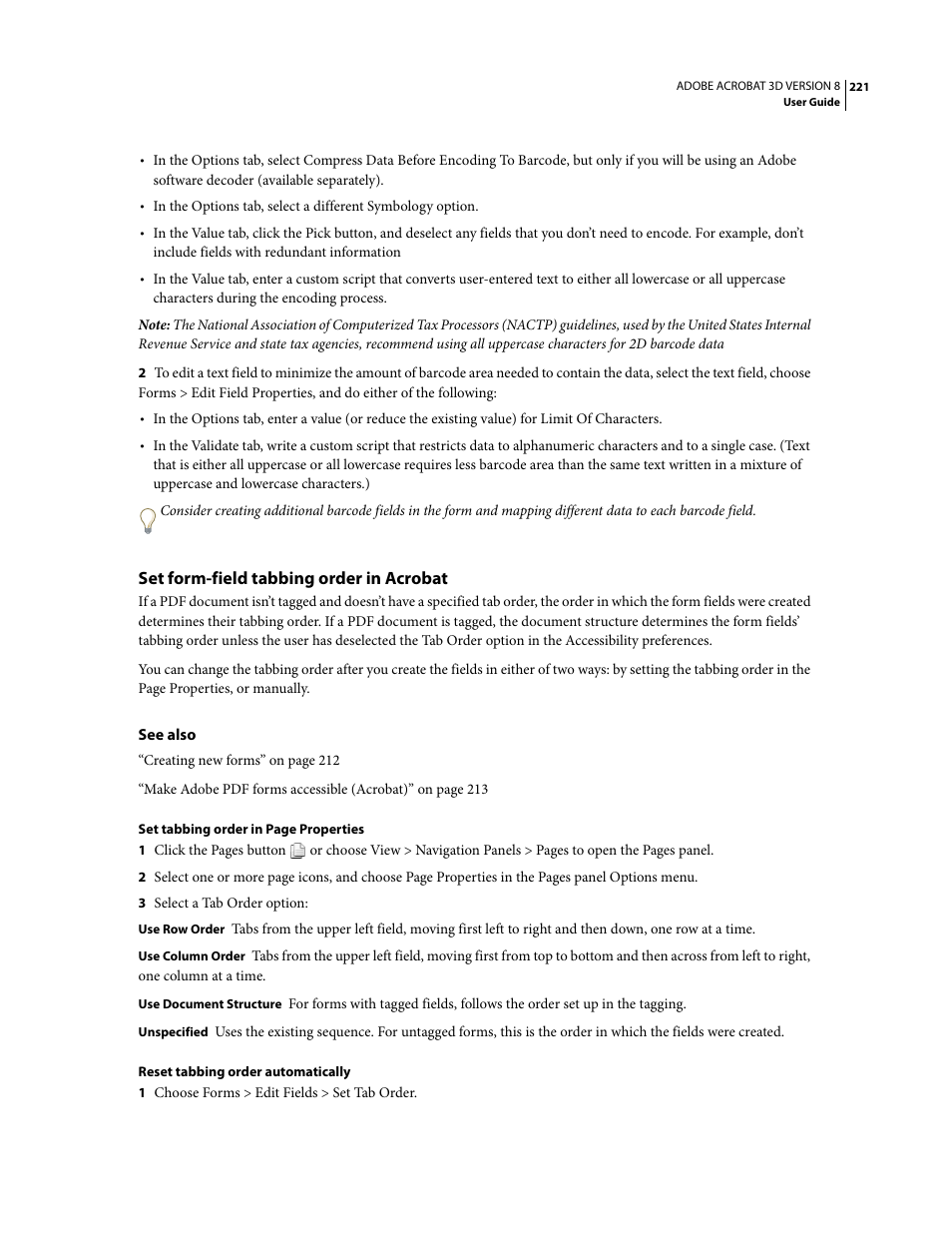 Set form-field tabbing order in acrobat | Adobe Acrobat 8 3D User Manual | Page 228 / 600