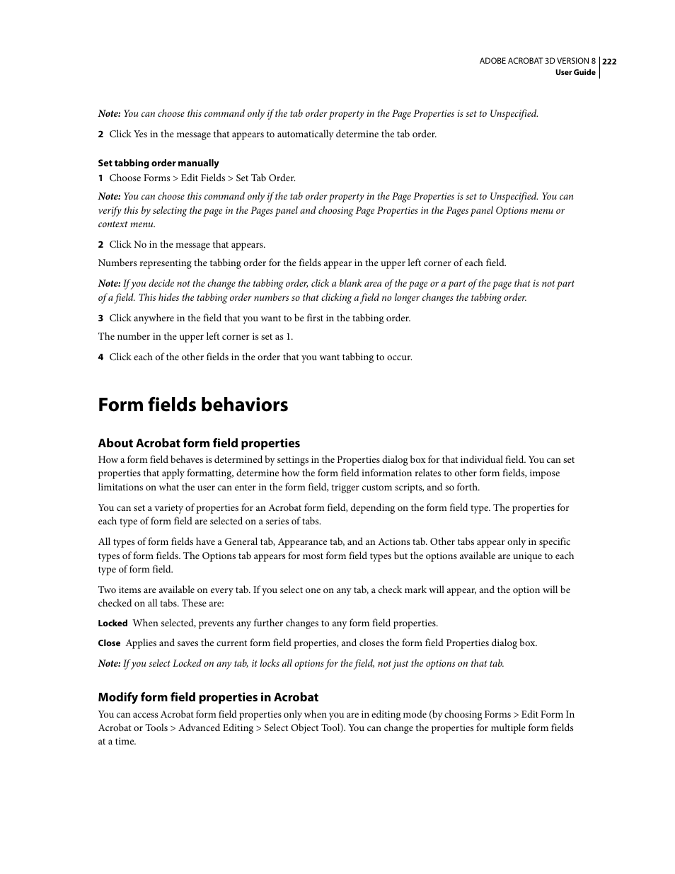 Form fields behaviors, About acrobat form field properties, Modify form field properties in acrobat | Adobe Acrobat 8 3D User Manual | Page 229 / 600