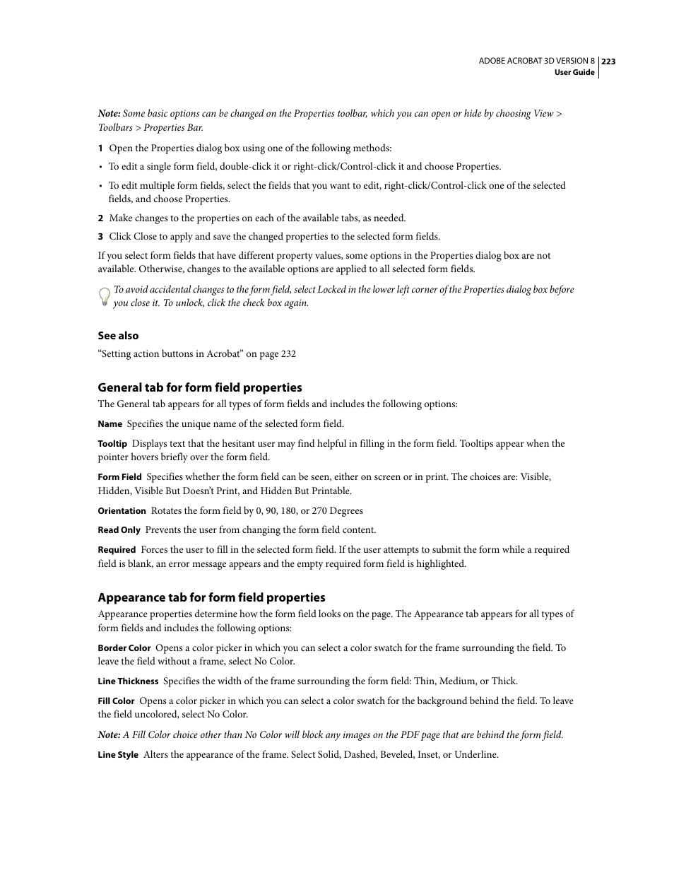 General tab for form field properties, Appearance tab for form field properties | Adobe Acrobat 8 3D User Manual | Page 230 / 600