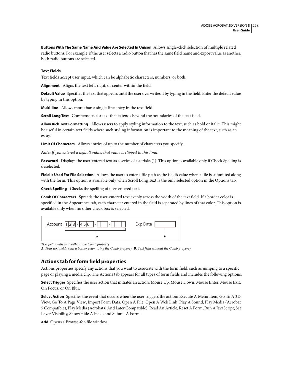 Actions tab for form field properties | Adobe Acrobat 8 3D User Manual | Page 233 / 600