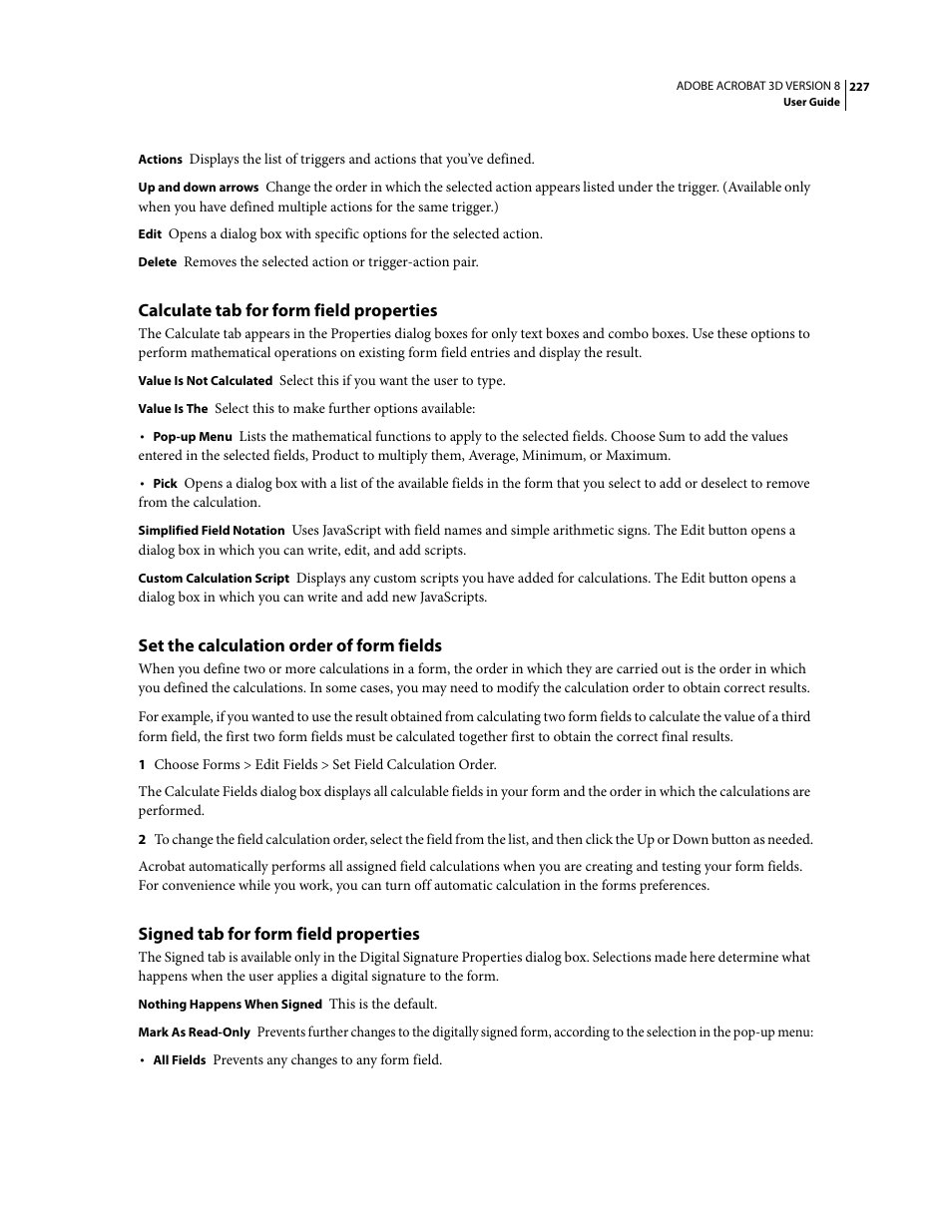 Calculate tab for form field properties, Set the calculation order of form fields, Signed tab for form field properties | Adobe Acrobat 8 3D User Manual | Page 234 / 600