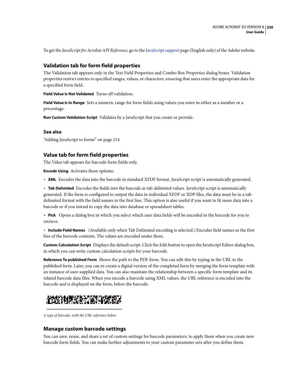 Validation tab for form field properties, Value tab for form field properties, Manage custom barcode settings | Adobe Acrobat 8 3D User Manual | Page 237 / 600