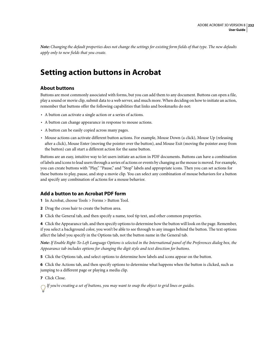 Setting action buttons in acrobat, About buttons, Add a button to an acrobat pdf form | Adobe Acrobat 8 3D User Manual | Page 239 / 600