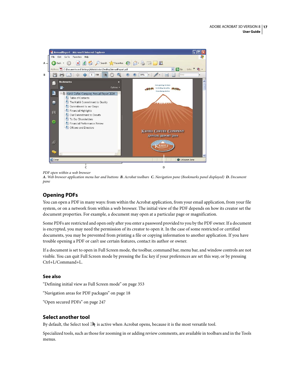 Opening pdfs, Select another tool | Adobe Acrobat 8 3D User Manual | Page 24 / 600