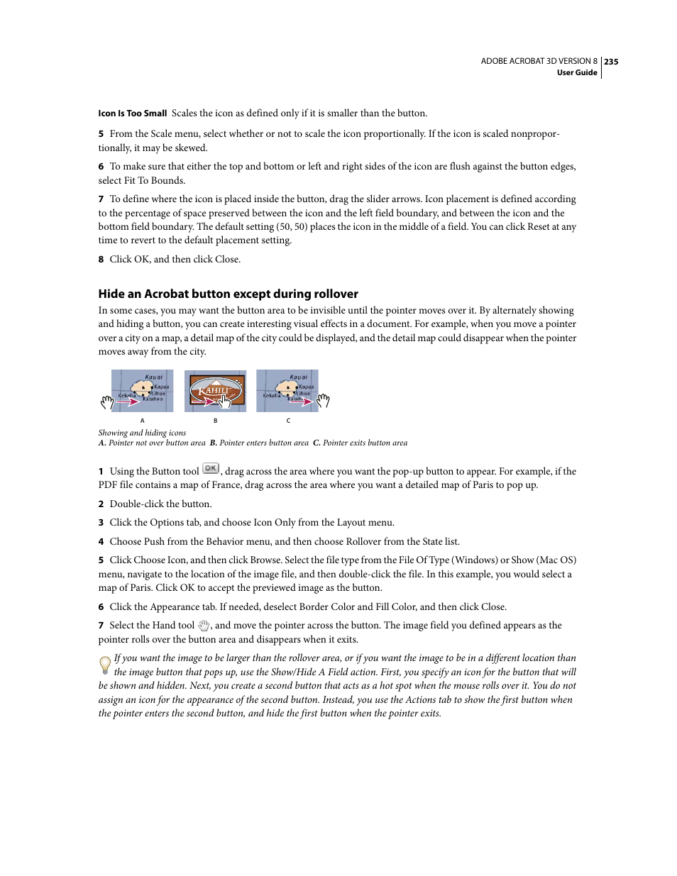 Hide an acrobat button except during rollover | Adobe Acrobat 8 3D User Manual | Page 242 / 600