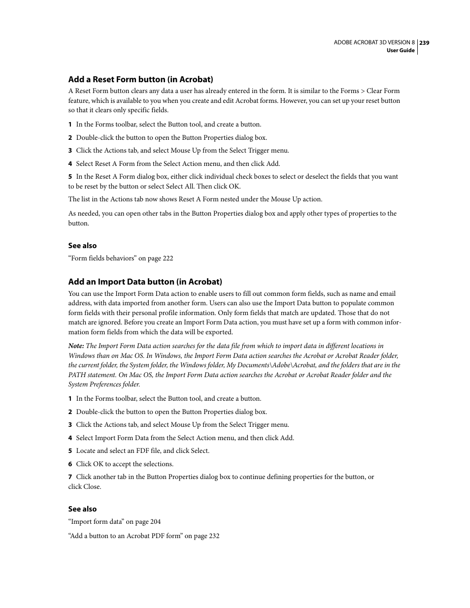 Add a reset form button (in acrobat), Add an import data button (in acrobat) | Adobe Acrobat 8 3D User Manual | Page 246 / 600