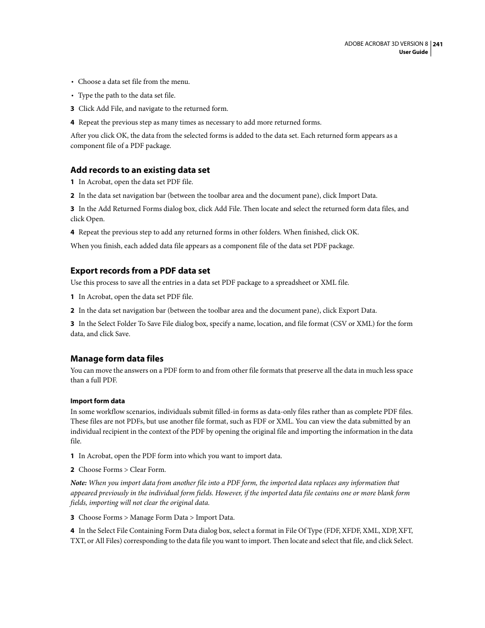 Add records to an existing data set, Export records from a pdf data set, Manage form data files | Adobe Acrobat 8 3D User Manual | Page 248 / 600