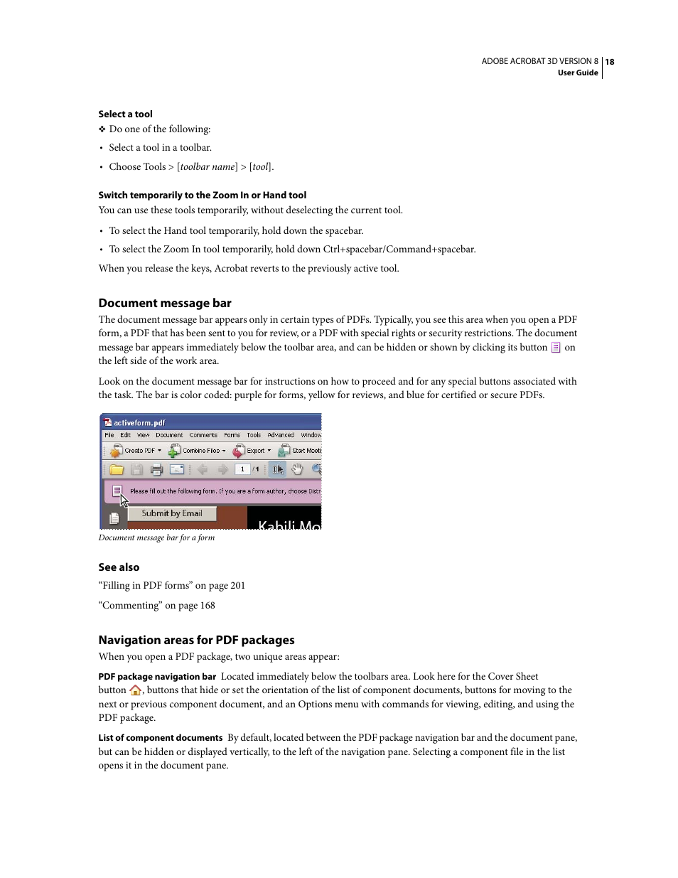 Document message bar, Navigation areas for pdf packages | Adobe Acrobat 8 3D User Manual | Page 25 / 600