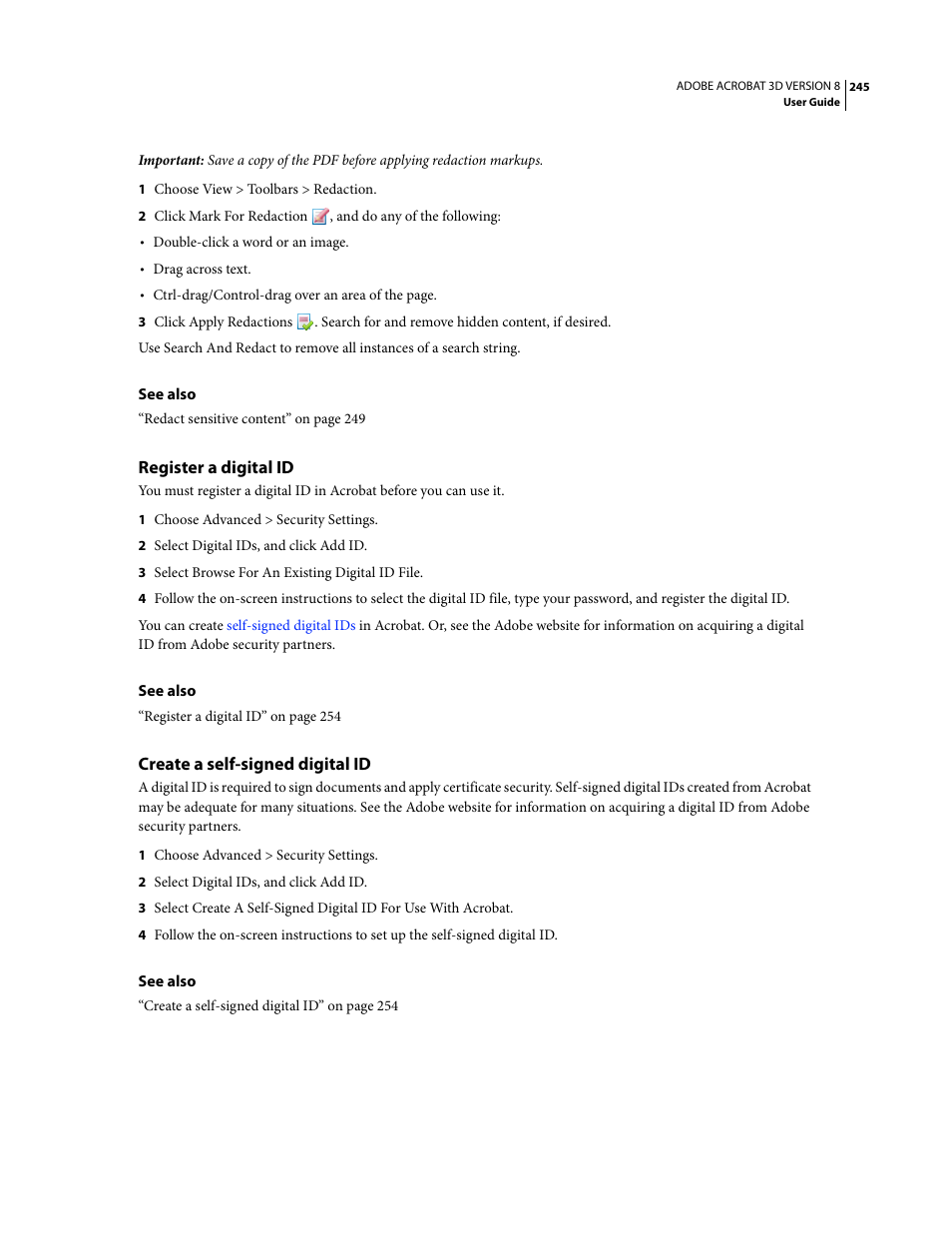 Register a digital id, Create a self-signed digital id | Adobe Acrobat 8 3D User Manual | Page 252 / 600