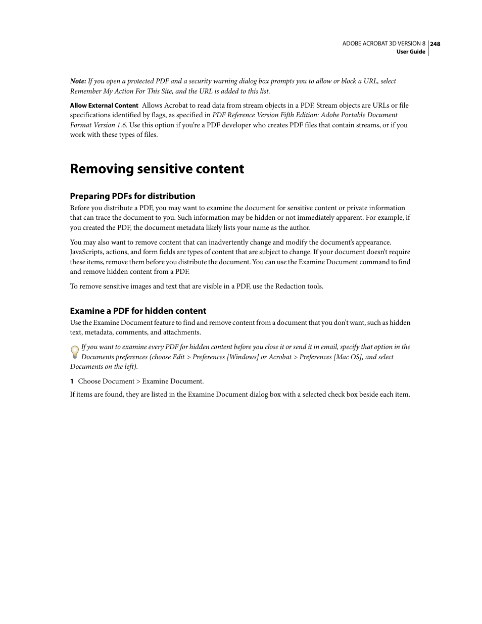 Removing sensitive content, Preparing pdfs for distribution, Examine a pdf for hidden content | Adobe Acrobat 8 3D User Manual | Page 255 / 600