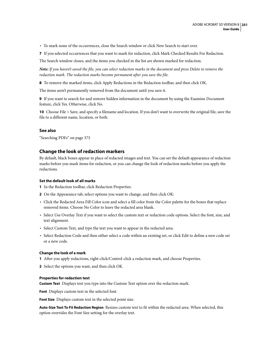 Change the look of redaction markers | Adobe Acrobat 8 3D User Manual | Page 258 / 600