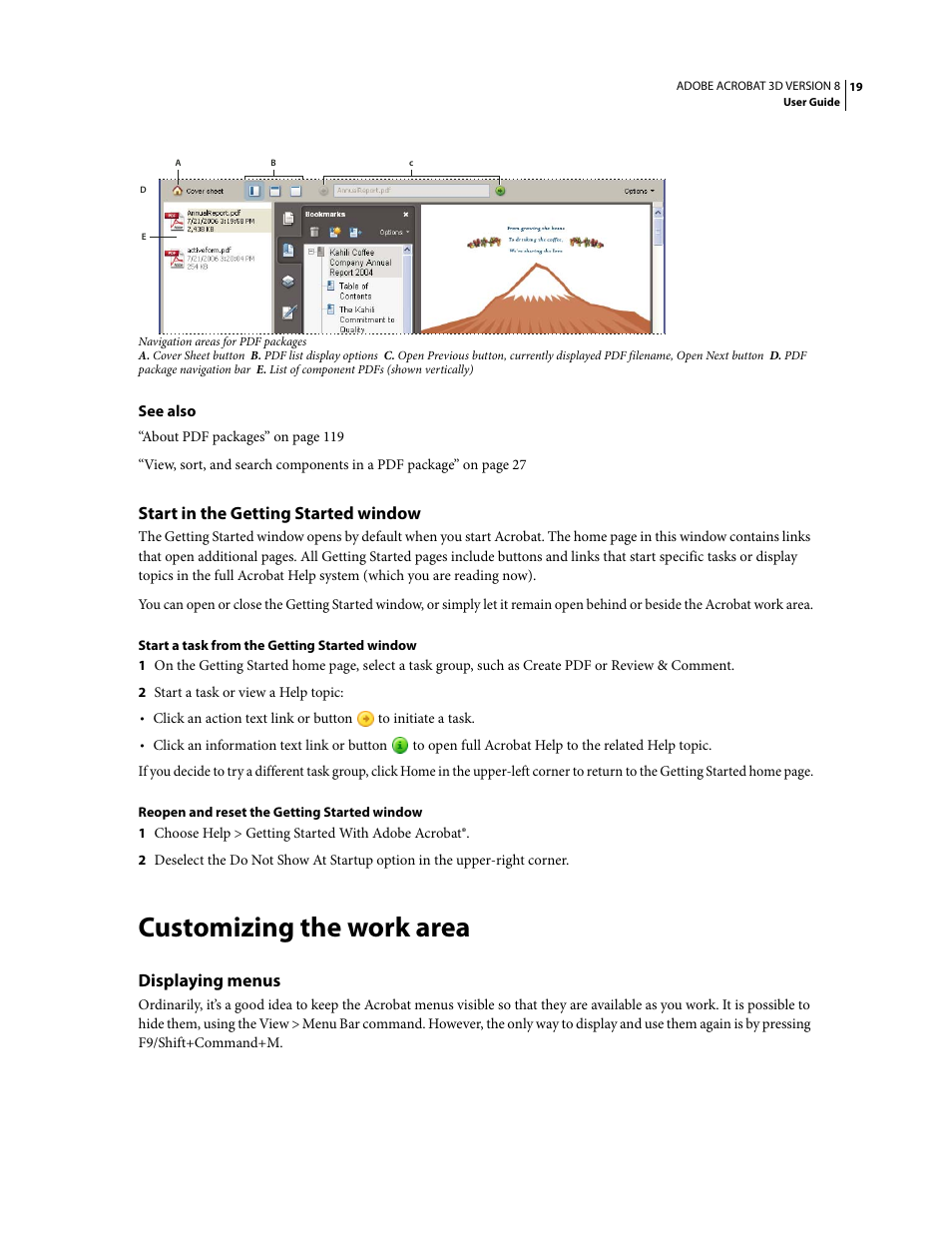 Start in the getting started window, Customizing the work area, Displaying menus | Adobe Acrobat 8 3D User Manual | Page 26 / 600