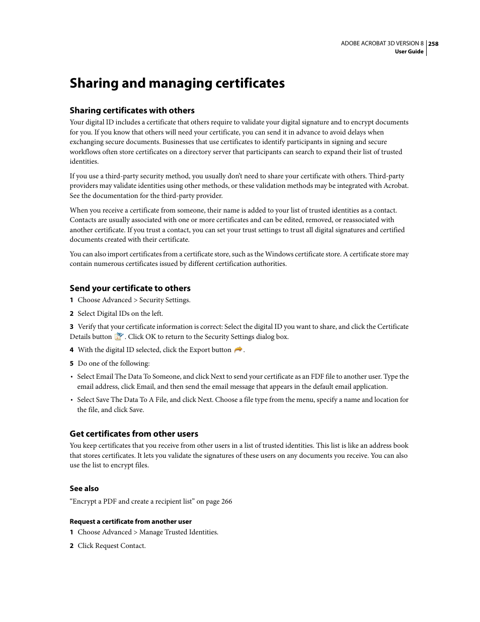 Sharing and managing certificates | Adobe Acrobat 8 3D User Manual | Page 265 / 600