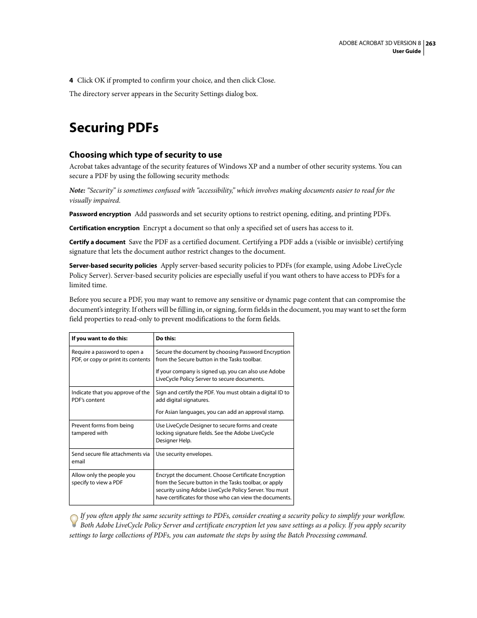 Securing pdfs, Choosing which type of security to use | Adobe Acrobat 8 3D User Manual | Page 270 / 600