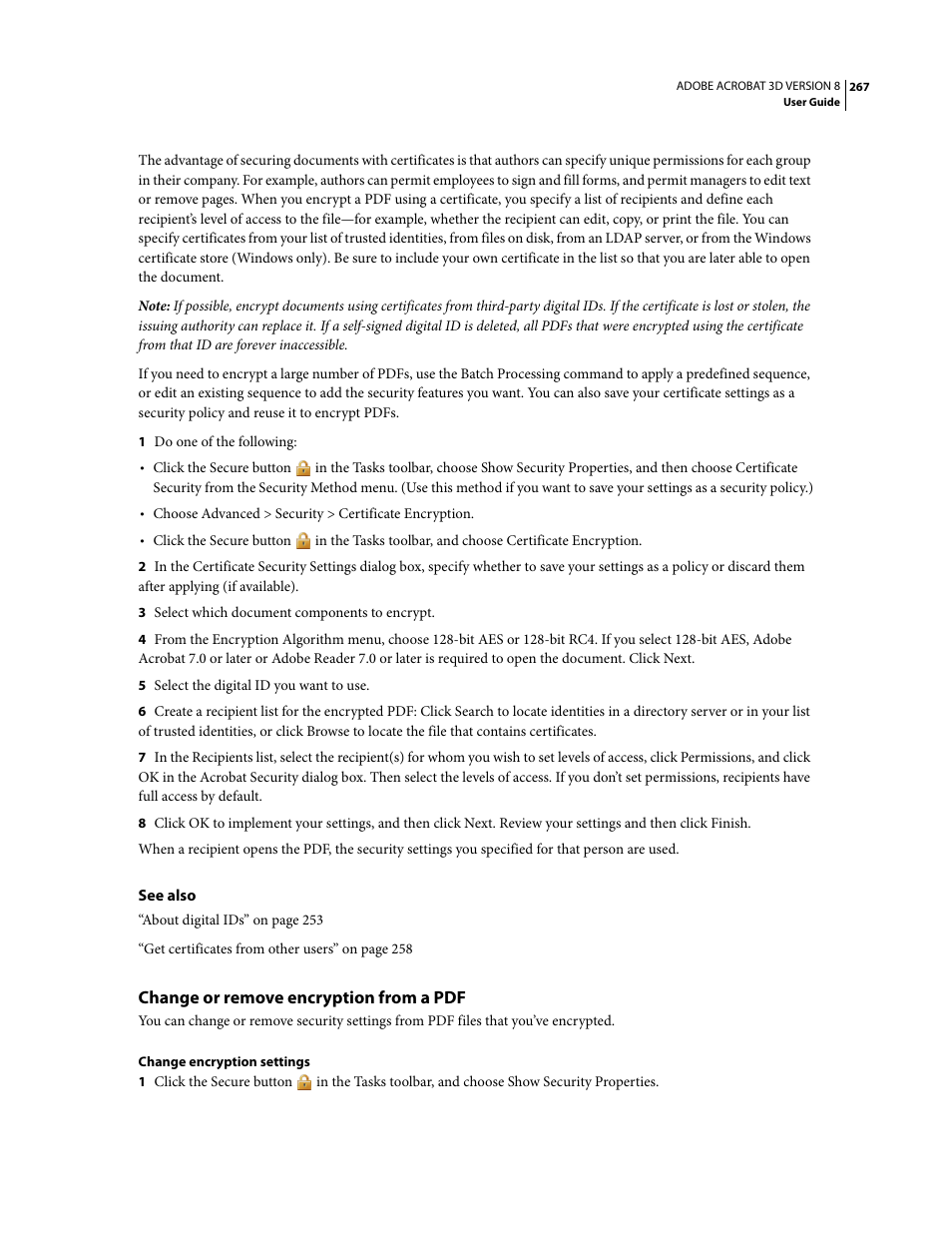 Change or remove encryption from a pdf | Adobe Acrobat 8 3D User Manual | Page 274 / 600