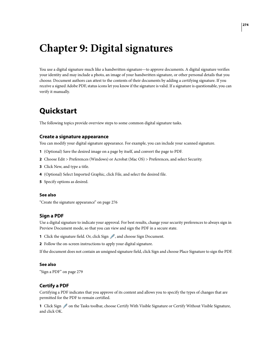 Chapter 9: digital signatures, Quickstart, Create a signature appearance | Sign a pdf, Certify a pdf | Adobe Acrobat 8 3D User Manual | Page 281 / 600