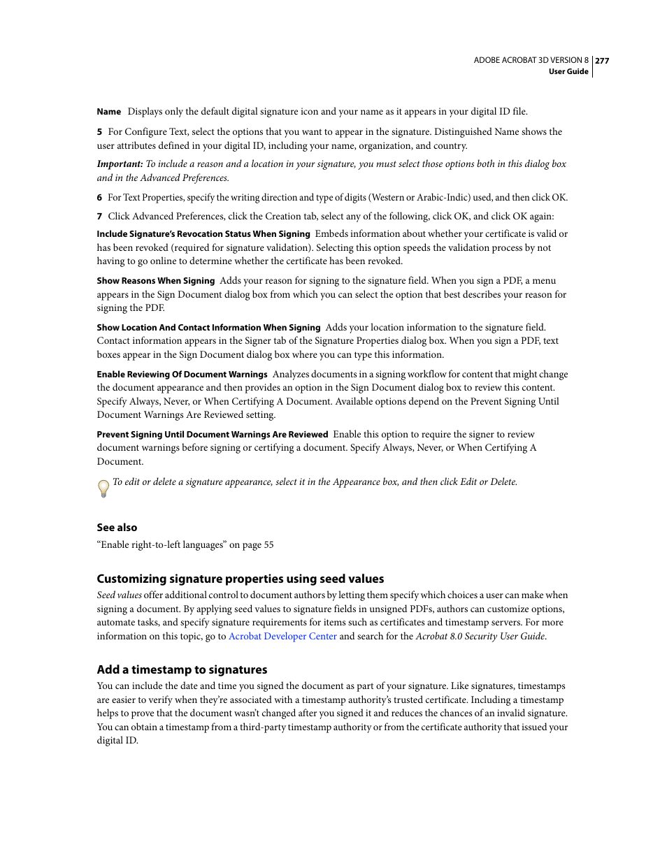 Customizing signature properties using seed values, Add a timestamp to signatures | Adobe Acrobat 8 3D User Manual | Page 284 / 600