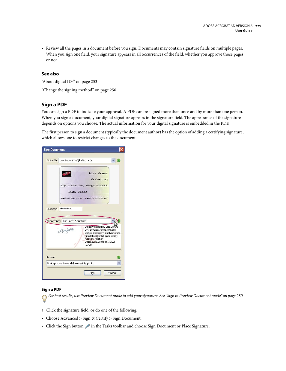 Sign a pdf | Adobe Acrobat 8 3D User Manual | Page 286 / 600