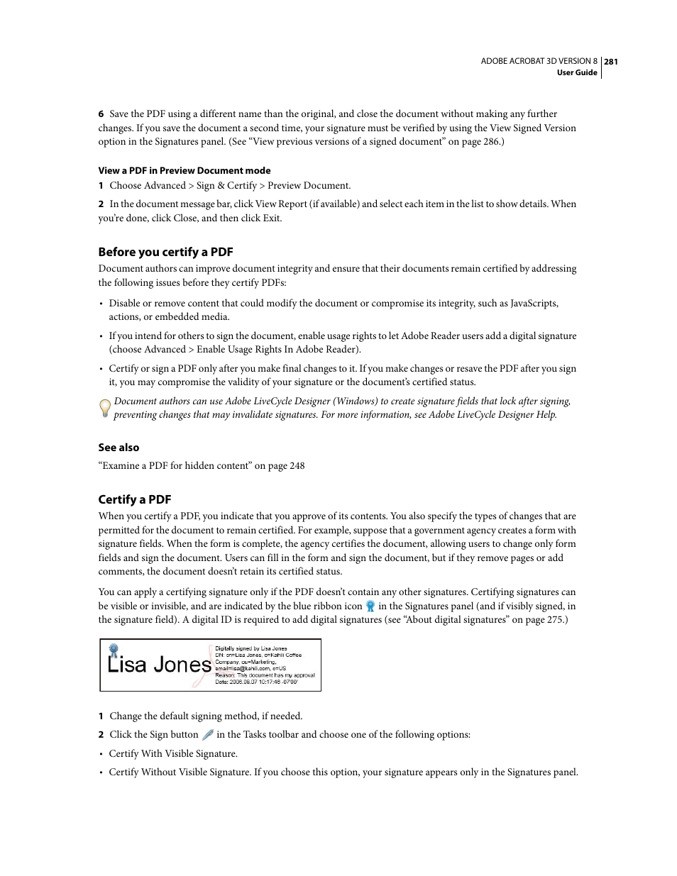 Before you certify a pdf, Certify a pdf | Adobe Acrobat 8 3D User Manual | Page 288 / 600