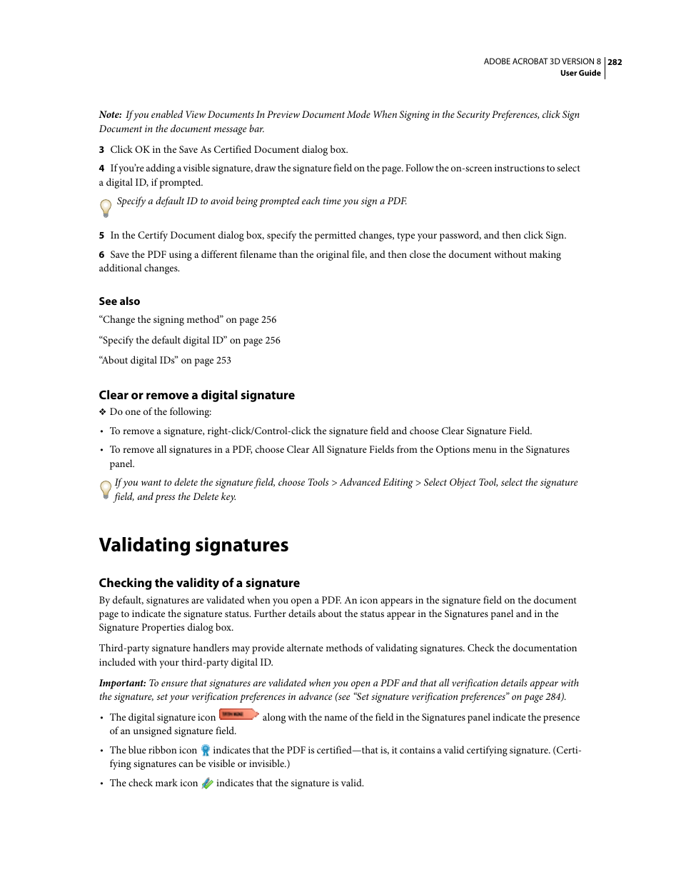 Clear or remove a digital signature, Validating signatures, Checking the validity of a signature | Adobe Acrobat 8 3D User Manual | Page 289 / 600