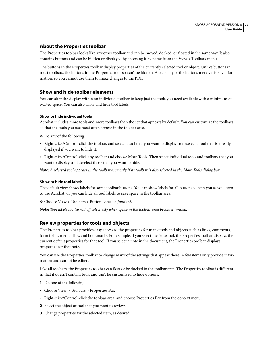 About the properties toolbar, Show and hide toolbar elements, Review properties for tools and objects | Adobe Acrobat 8 3D User Manual | Page 29 / 600