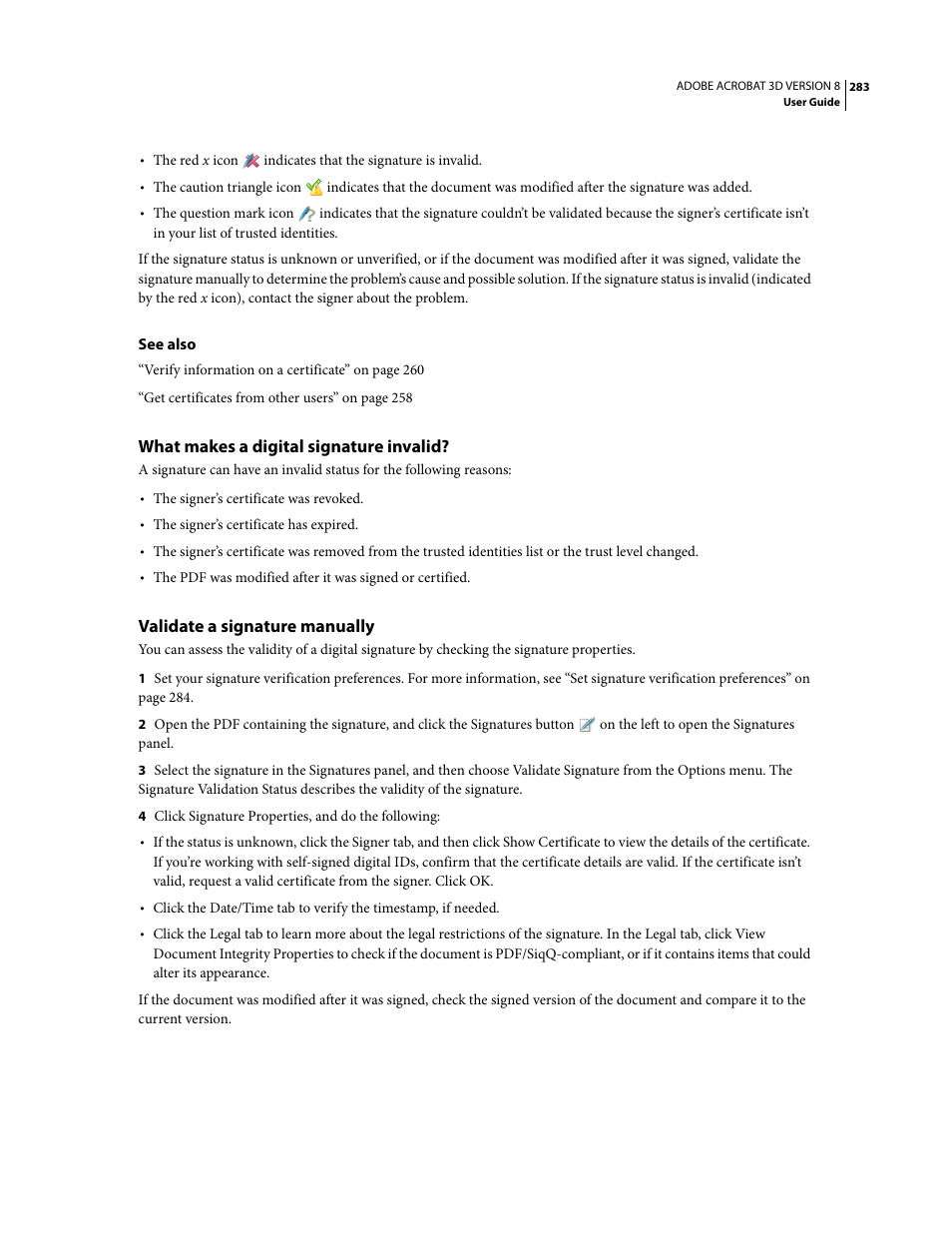 What makes a digital signature invalid, Validate a signature manually | Adobe Acrobat 8 3D User Manual | Page 290 / 600