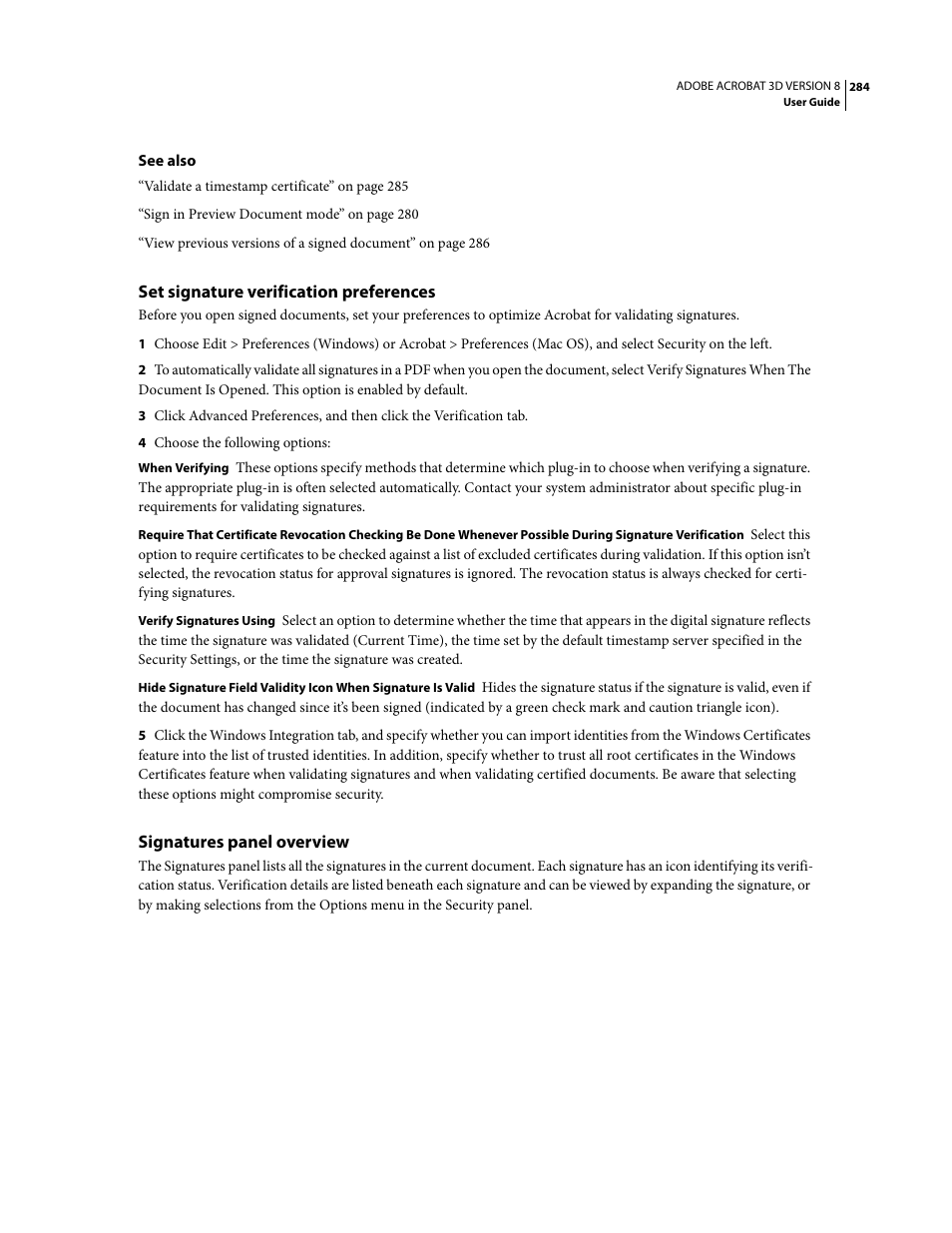 Set signature verification preferences, Signatures panel overview | Adobe Acrobat 8 3D User Manual | Page 291 / 600