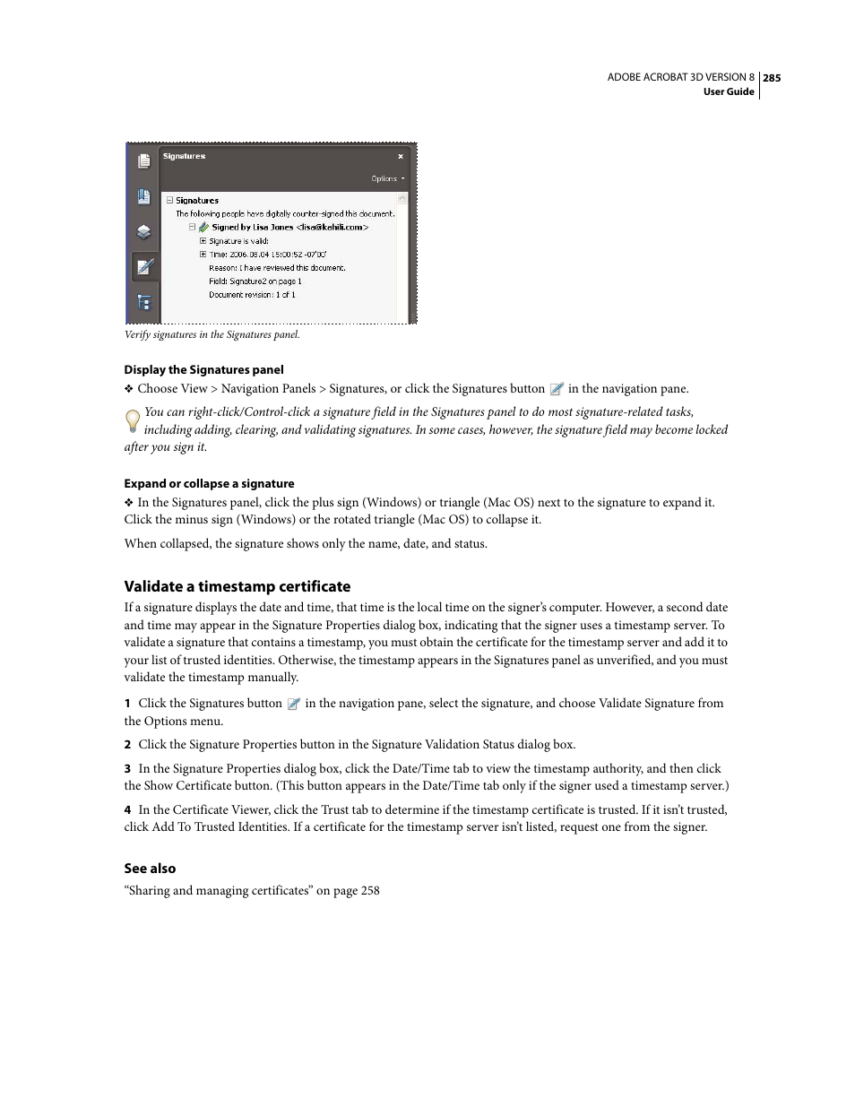 Validate a timestamp certificate | Adobe Acrobat 8 3D User Manual | Page 292 / 600