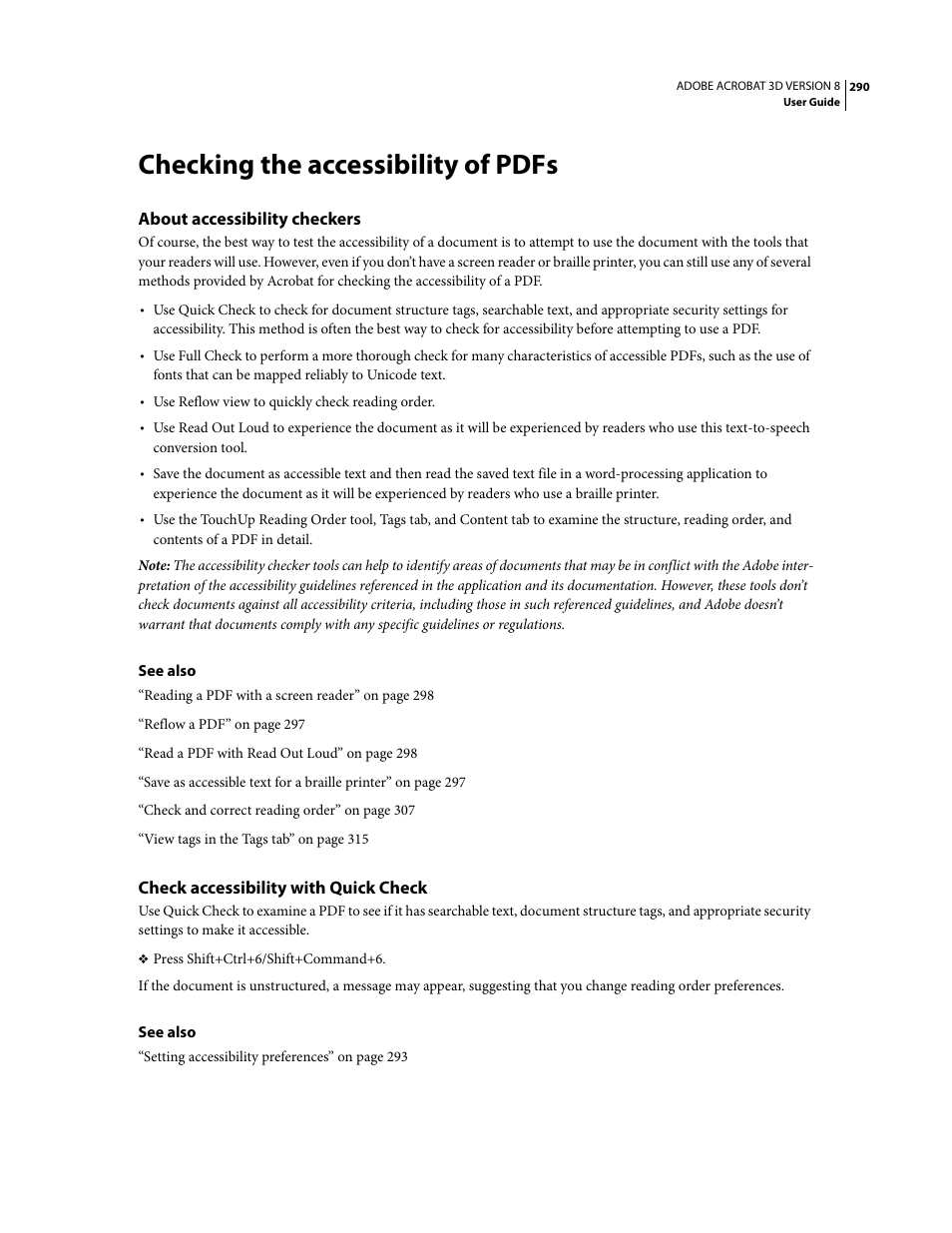 Checking the accessibility of pdfs, About accessibility checkers, Check accessibility with quick check | Adobe Acrobat 8 3D User Manual | Page 297 / 600