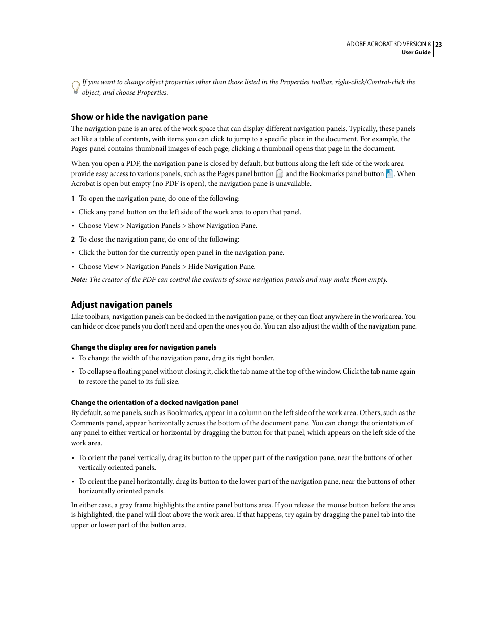 Show or hide the navigation pane, Adjust navigation panels | Adobe Acrobat 8 3D User Manual | Page 30 / 600