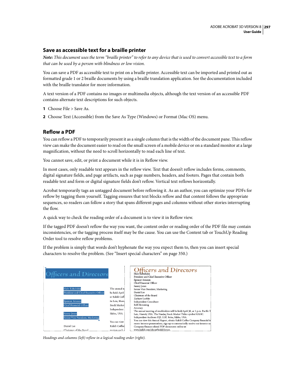 Save as accessible text for a braille printer, Reflow a pdf | Adobe Acrobat 8 3D User Manual | Page 304 / 600