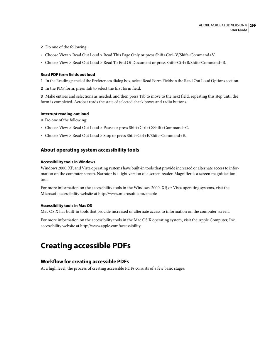 About operating system accessibility tools, Creating accessible pdfs, Workflow for creating accessible pdfs | Adobe Acrobat 8 3D User Manual | Page 306 / 600