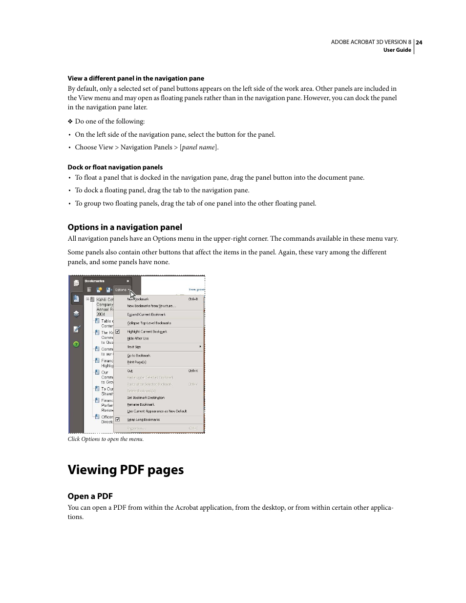 Options in a navigation panel, Open a pdf, Viewing pdf pages | Adobe Acrobat 8 3D User Manual | Page 31 / 600