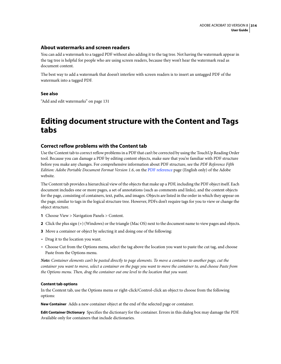 About watermarks and screen readers, Correct reflow problems with the content tab | Adobe Acrobat 8 3D User Manual | Page 321 / 600