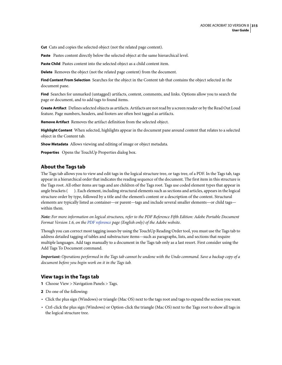 About the tags tab, View tags in the tags tab | Adobe Acrobat 8 3D User Manual | Page 322 / 600