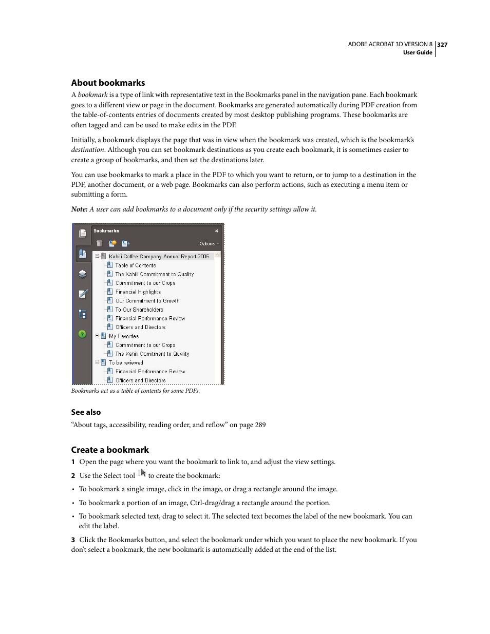 About bookmarks, Create a bookmark | Adobe Acrobat 8 3D User Manual | Page 334 / 600