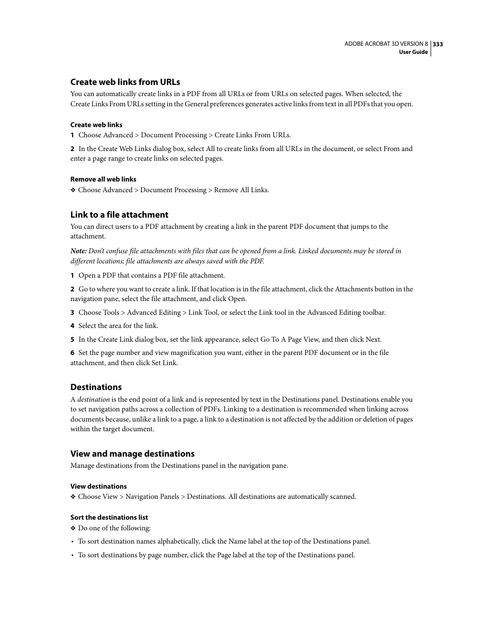 Create web links from urls, Link to a file attachment, Destinations | View and manage destinations | Adobe Acrobat 8 3D User Manual | Page 340 / 600