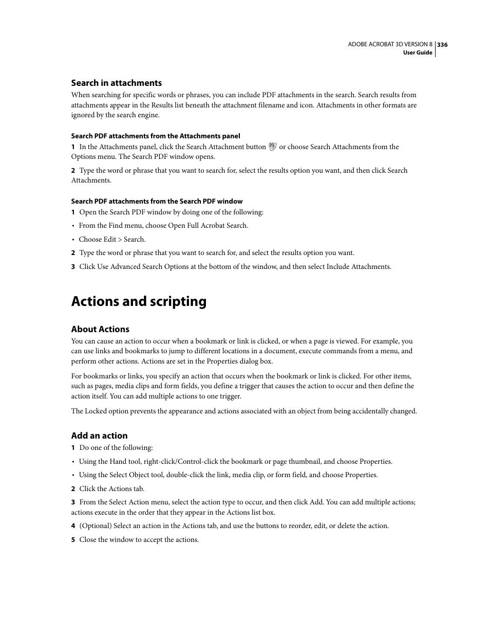 Search in attachments, Actions and scripting, About actions | Add an action | Adobe Acrobat 8 3D User Manual | Page 343 / 600