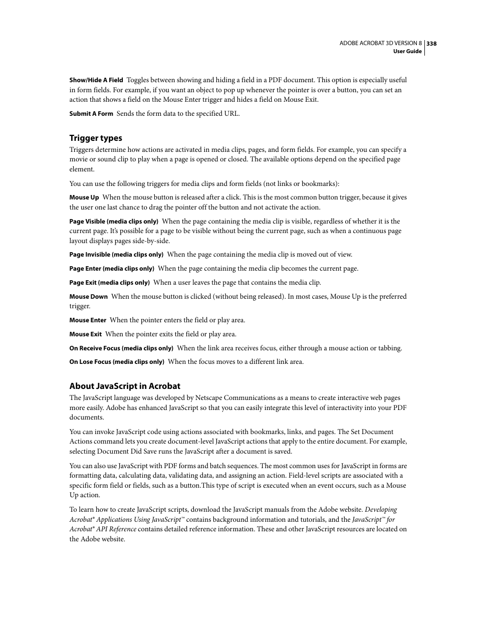 Trigger types, About javascript in acrobat | Adobe Acrobat 8 3D User Manual | Page 345 / 600