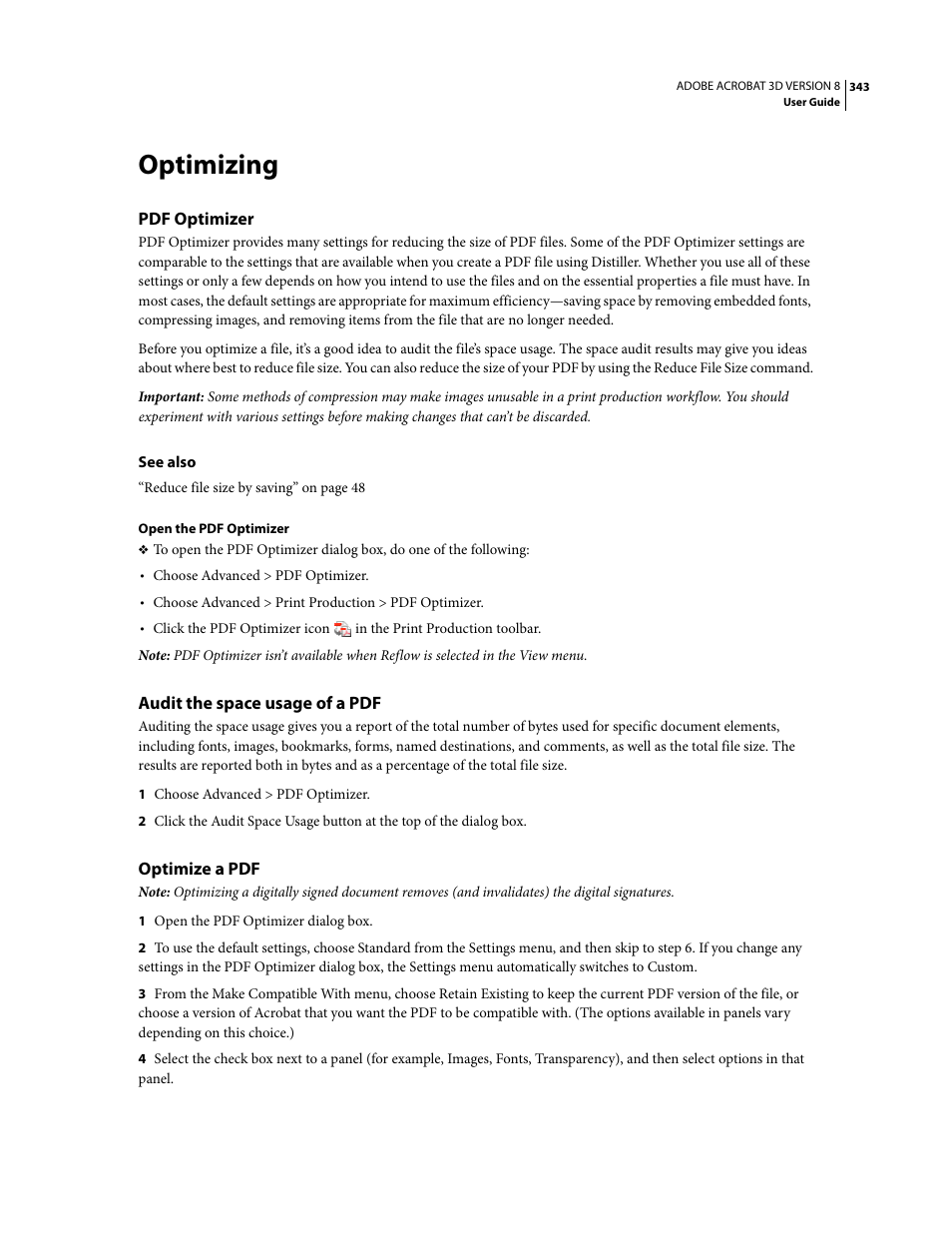 Optimizing, Pdf optimizer, Audit the space usage of a pdf | Optimize a pdf | Adobe Acrobat 8 3D User Manual | Page 350 / 600