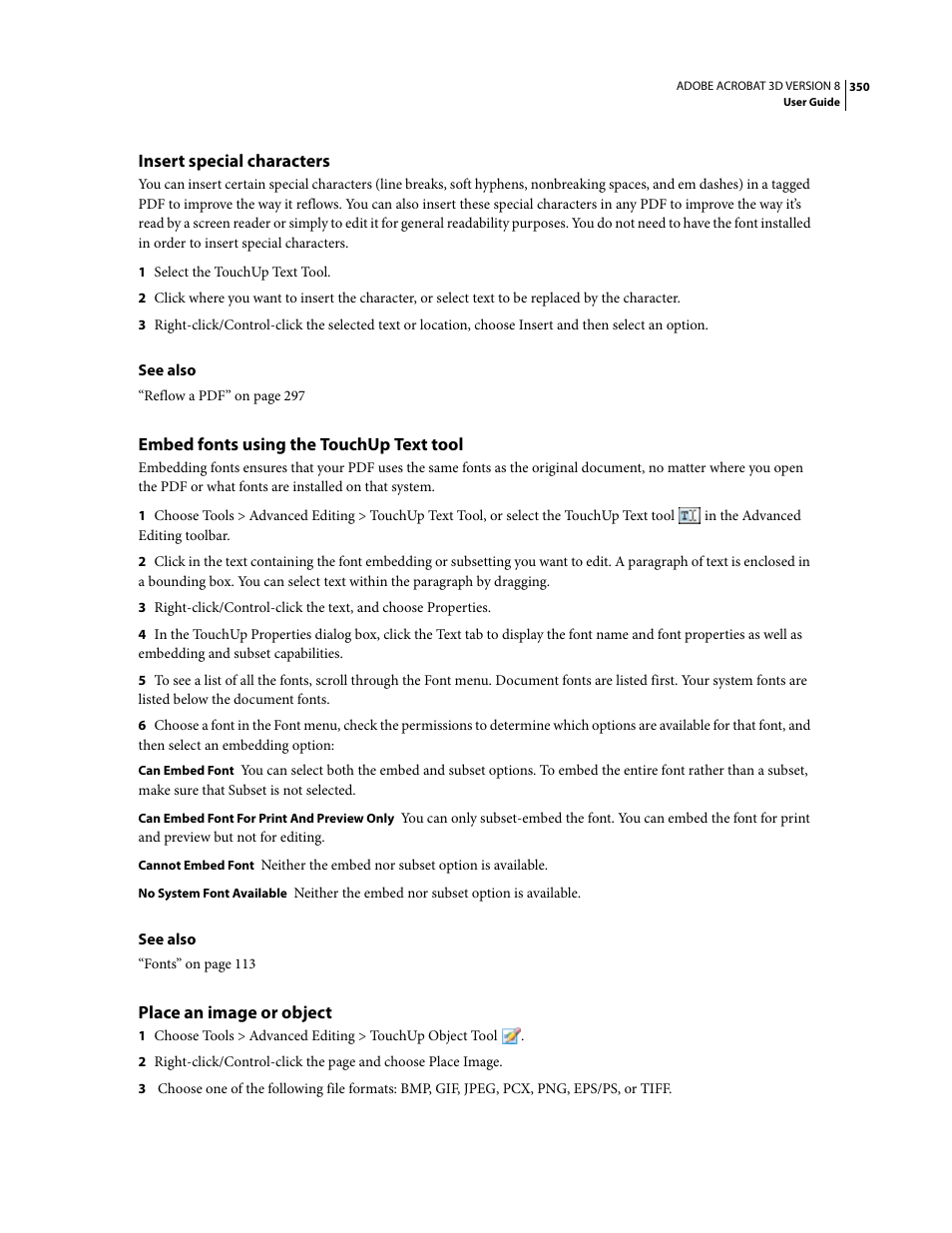 Insert special characters, Embed fonts using the touchup text tool, Place an image or object | Adobe Acrobat 8 3D User Manual | Page 357 / 600