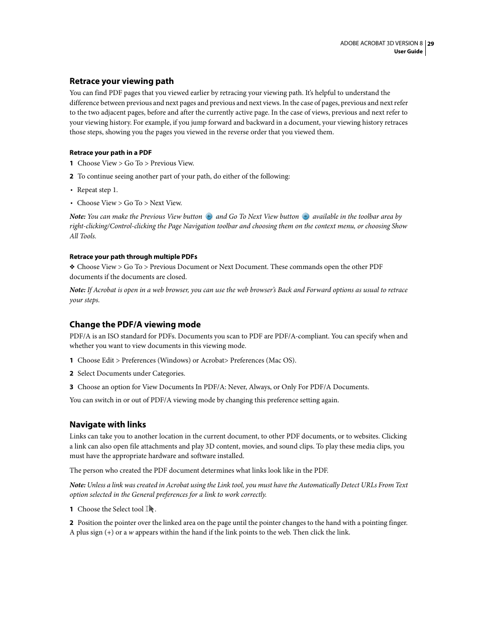 Retrace your viewing path, Change the pdf/a viewing mode, Navigate with links | Adobe Acrobat 8 3D User Manual | Page 36 / 600