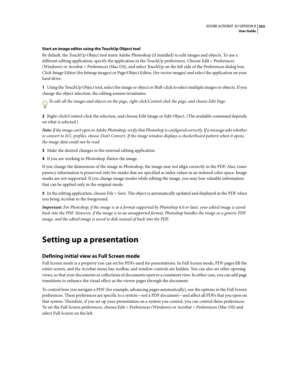 Setting up a presentation, Defining initial view as full screen mode | Adobe Acrobat 8 3D User Manual | Page 360 / 600