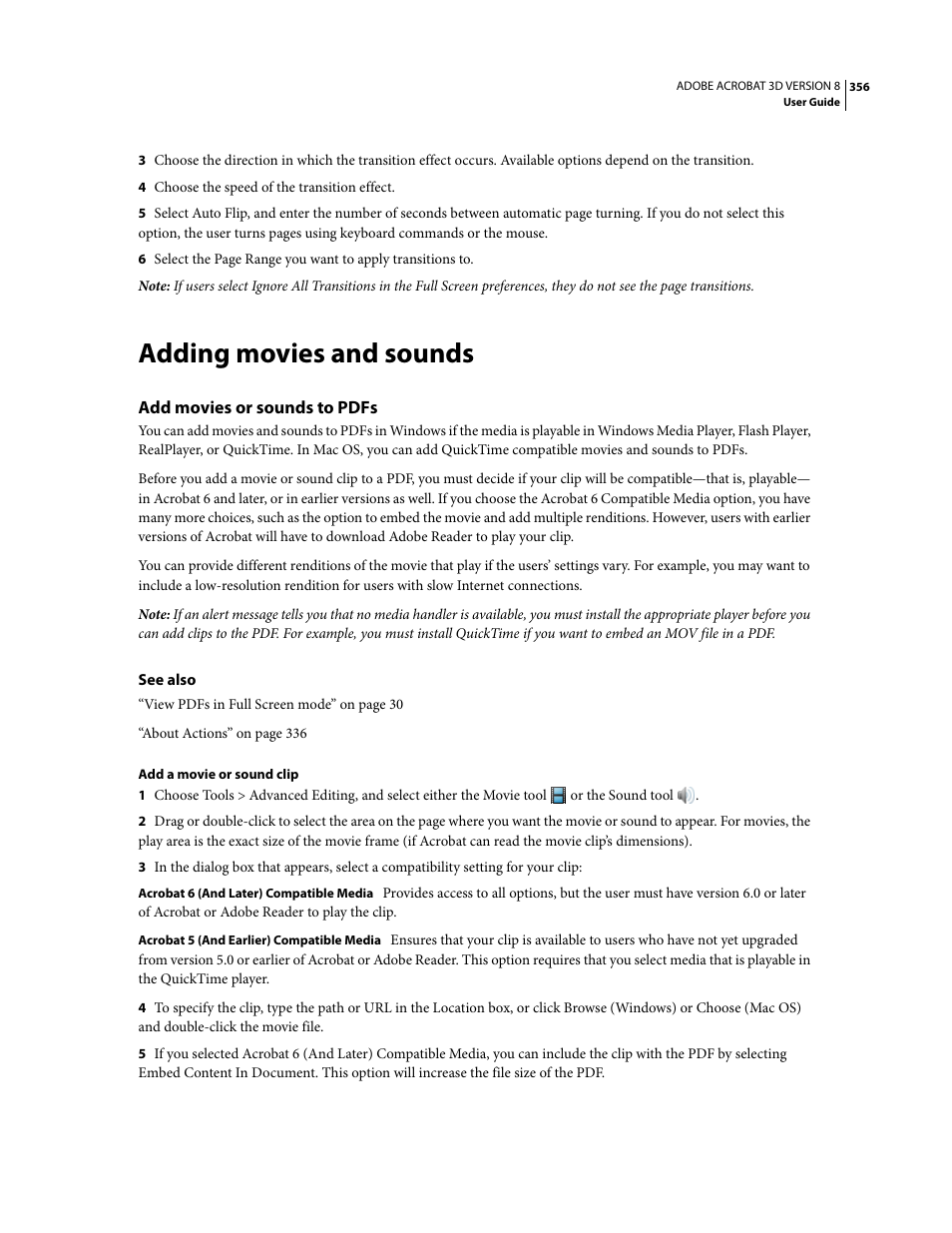 Adding movies and sounds, Add movies or sounds to pdfs | Adobe Acrobat 8 3D User Manual | Page 363 / 600