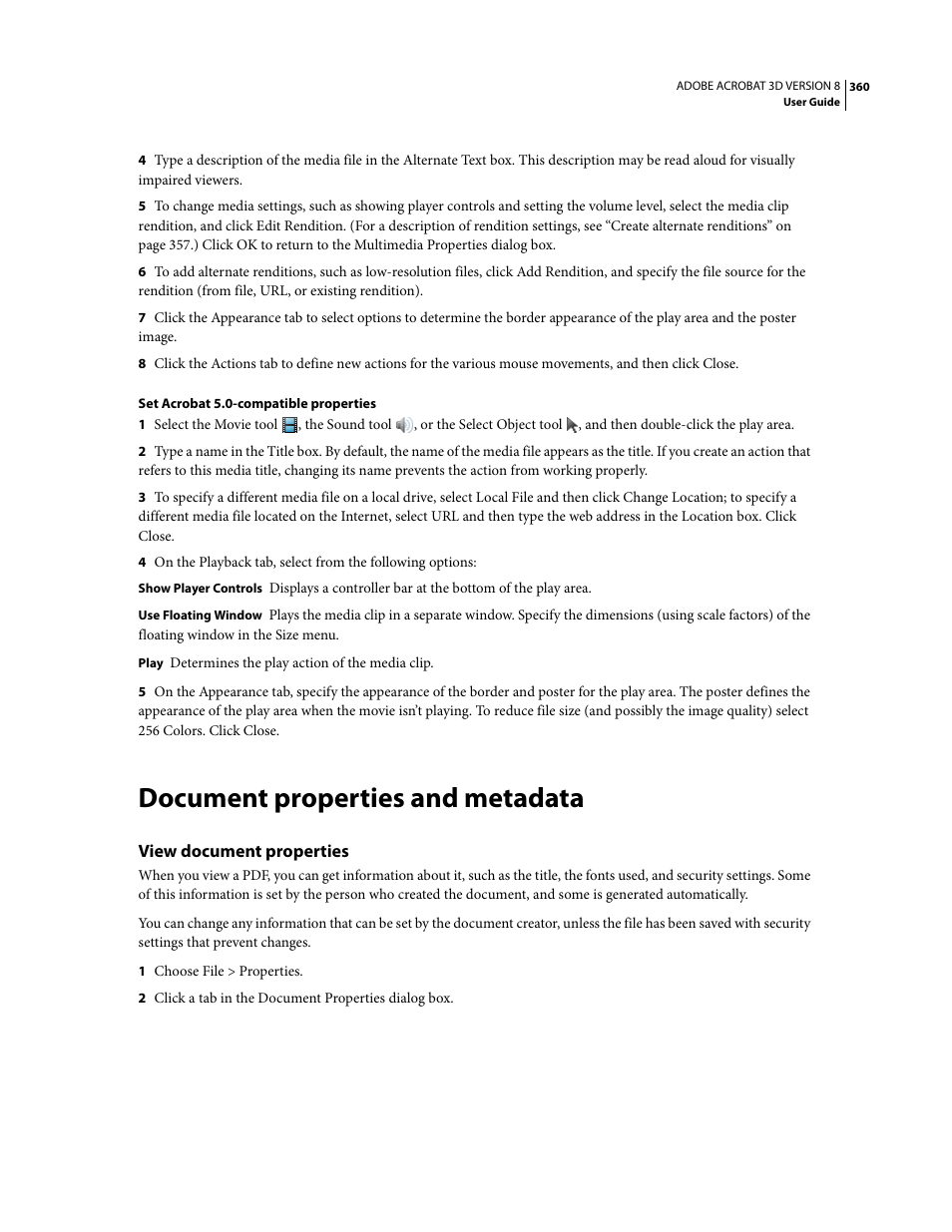 Document properties and metadata, View document properties | Adobe Acrobat 8 3D User Manual | Page 367 / 600