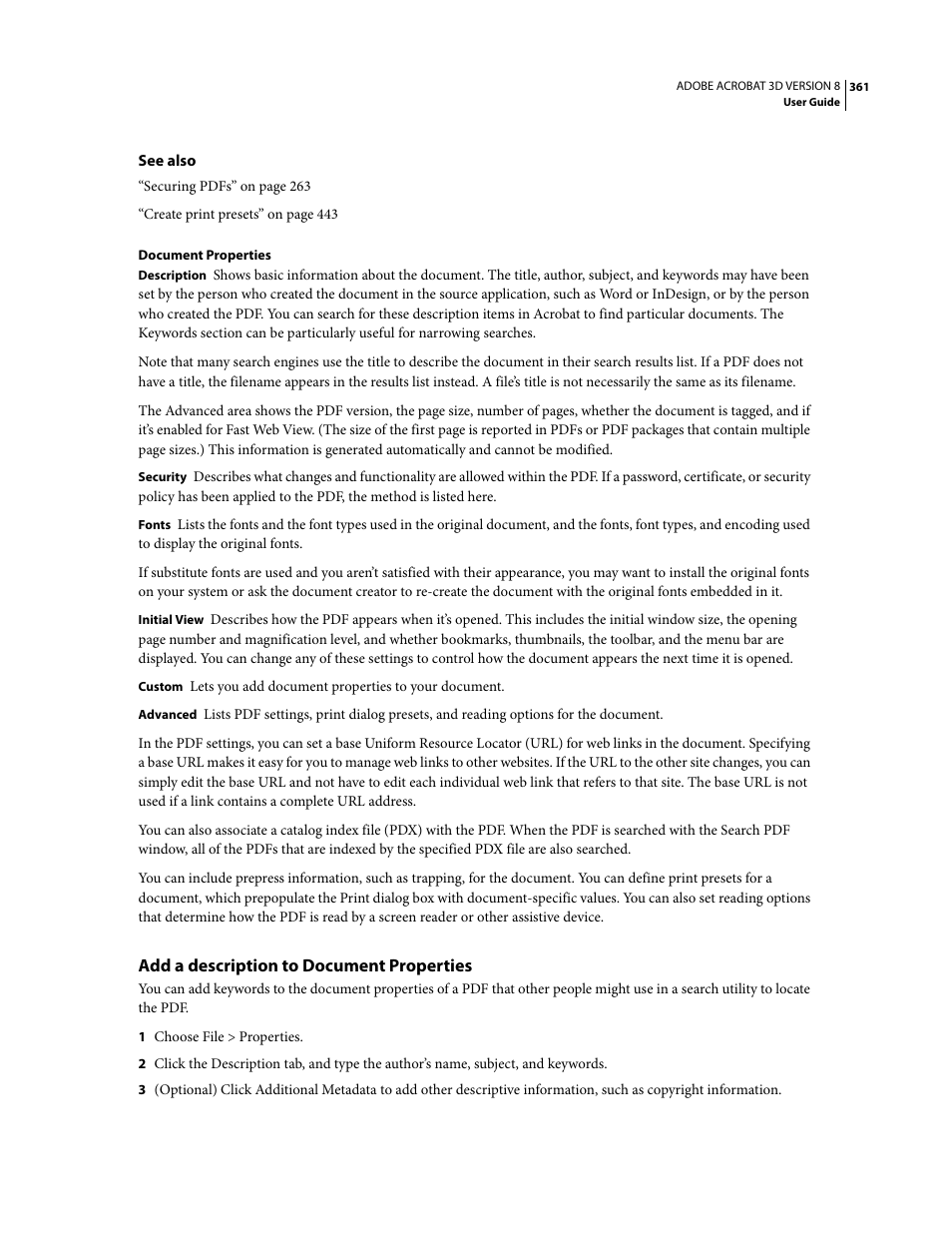 Add a description to document properties | Adobe Acrobat 8 3D User Manual | Page 368 / 600