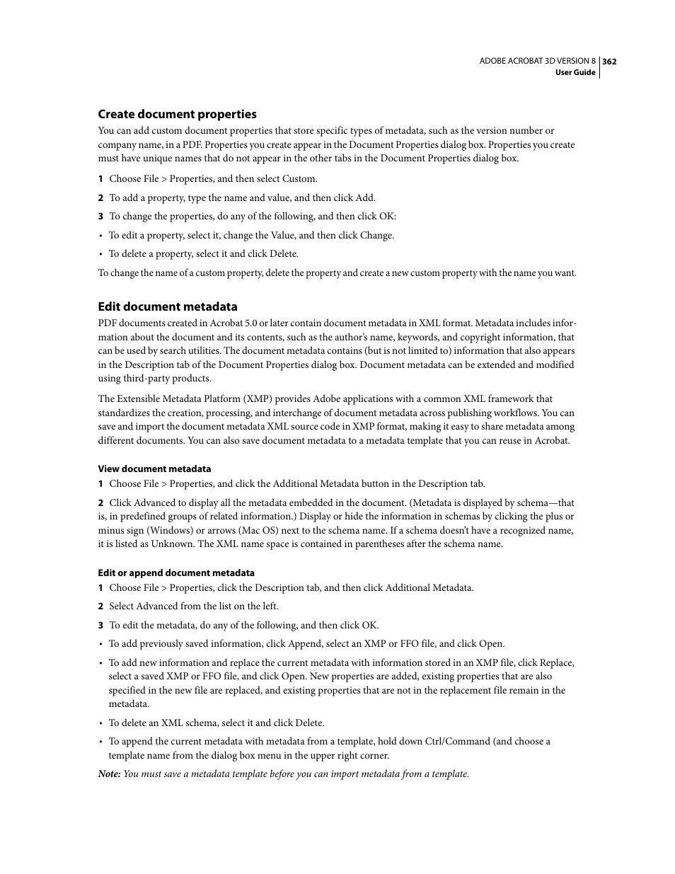 Create document properties, Edit document metadata | Adobe Acrobat 8 3D User Manual | Page 369 / 600